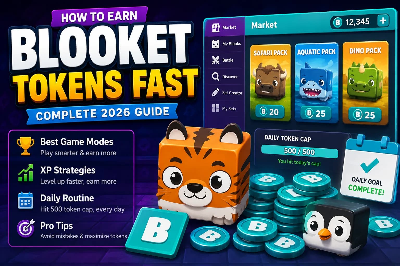 Blooket Market screen showing Safari, Aquatic and Dino packs beside a daily token cap meter reading 500 of 500